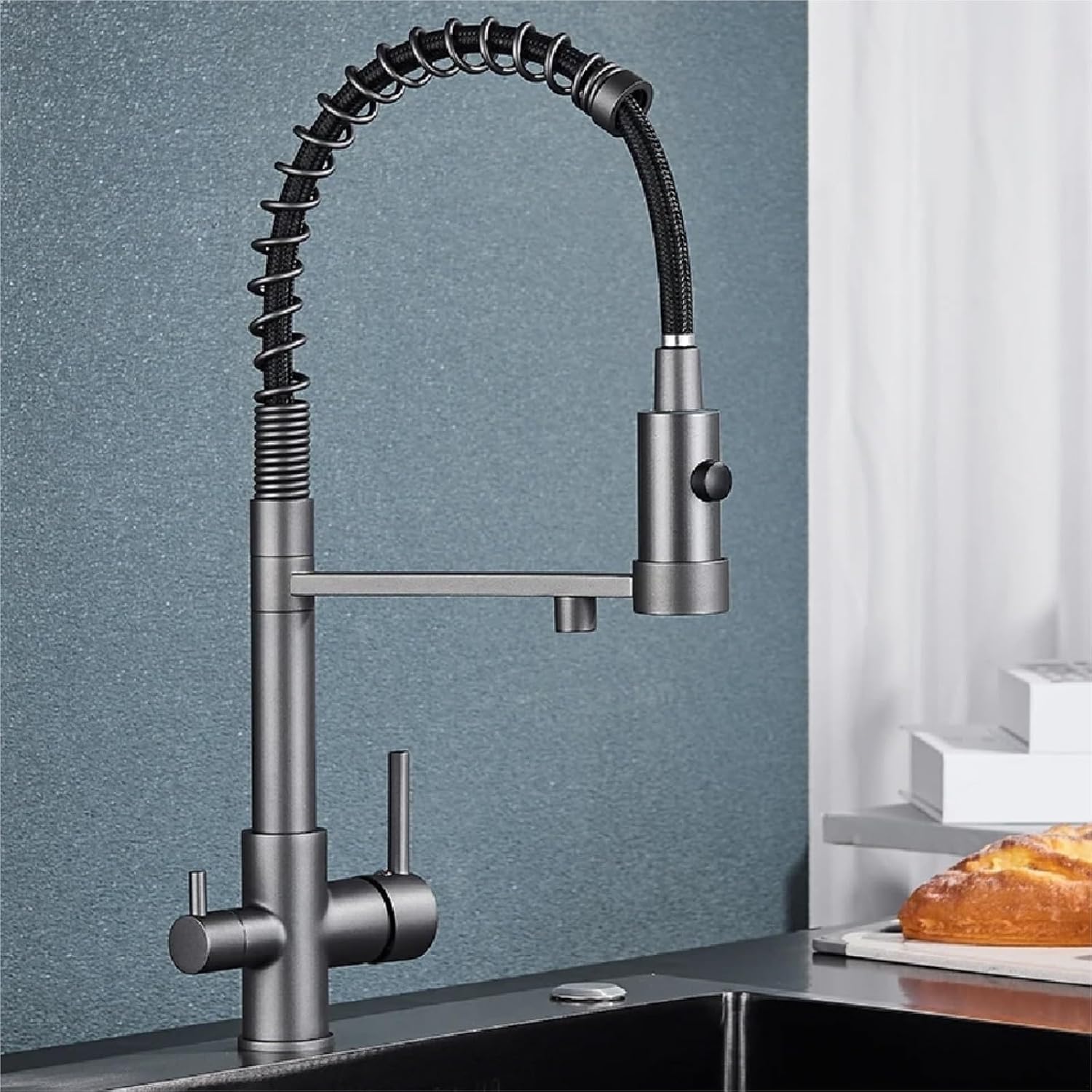 Filtered Kitchen Faucet Pure Drinking Water Brass Kitchen Tap Daul Spout Water Purifier Faucet(Gray)