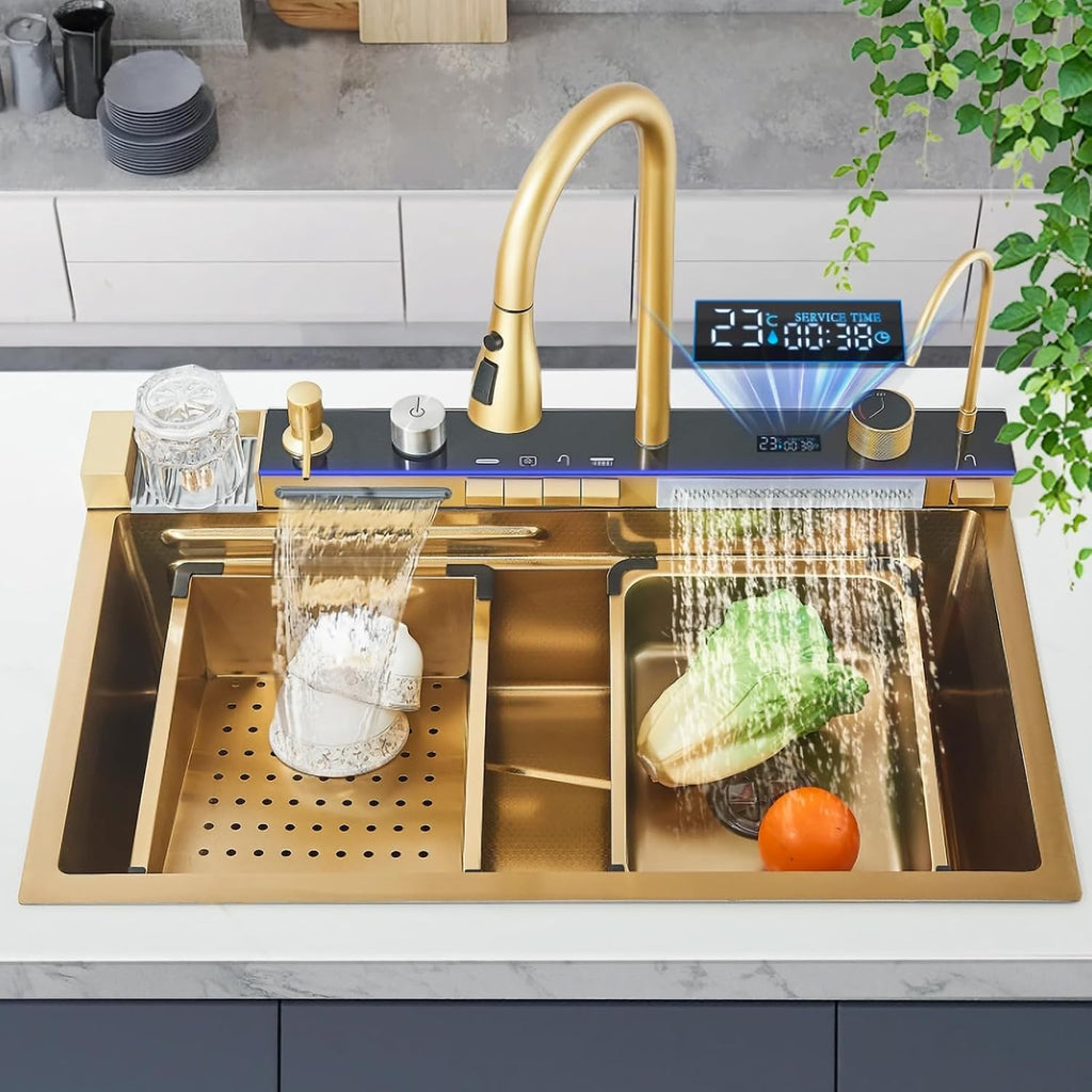 Kitchen Sink Deluxe Smart Waterfall Kitchen Sink Modern Multifunctional Stainless Steel Sink Utility Farmhouse Sink With integrated faucet, cup washer, soap dispenser included (Gold, 31.5 * 18in)