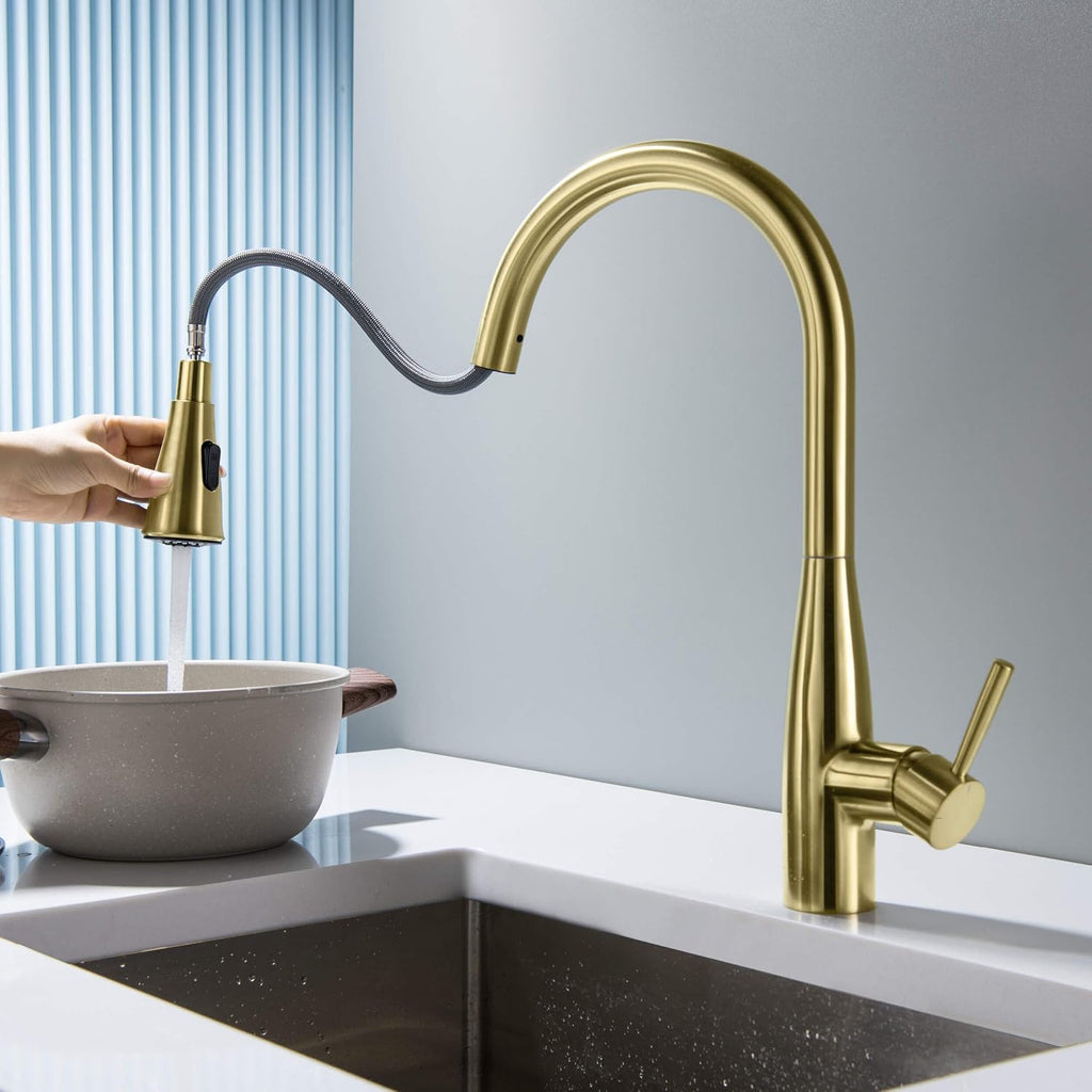 KIBI Bari-T Single Handle Pull Down Kitchen Faucet with High Arc Solid Brass Spout | 360-Degree Swivel, and Dual-Function Sprayer | Modern Pull Down Faucet for Kitchen Sink (Brushed Gold, KKF2016)