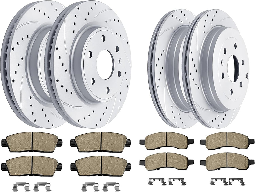 Acinoparts Front(12.80') and Rear(13.03') Brake Kit for Chevy Traverse Buick Enclave GMC Acadia Limited Saturn Outlook Drilled & Slotted Disc Brake Rotors Ceramic Brakes Pads
