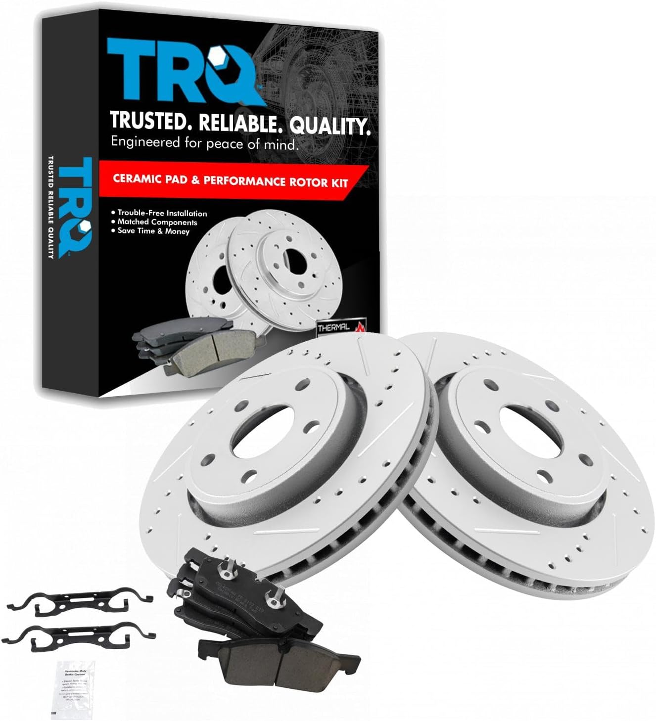 TRQ Performance Front Brake Pad and Rotor Set Ceramic Drilled Slotted Coated Rotors Compatible with 2011-2016 Dodge Durango Grand Cherokee