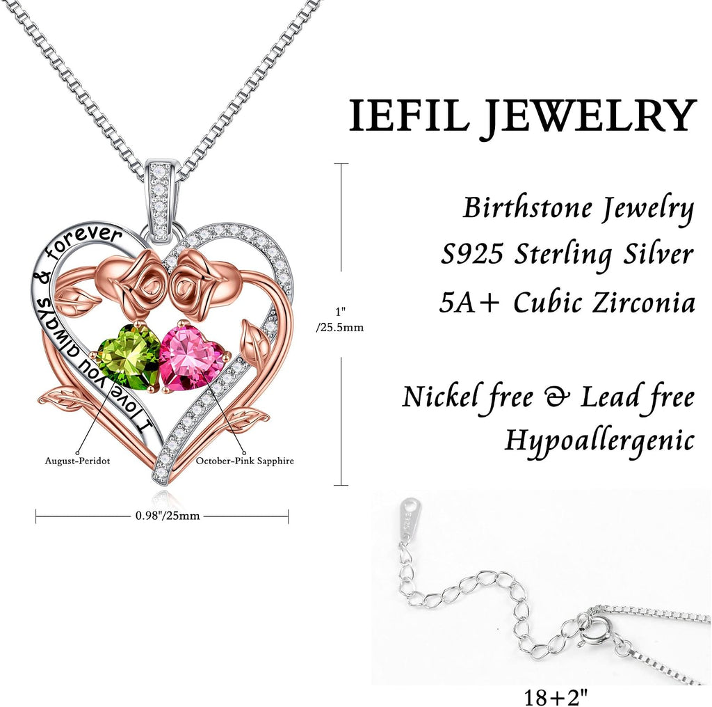 Iefil Rose Heart Double Birthstone Necklace Gifts for Wife Girlfriend Her Women, Birthstone Jewelry Gemstone Birthday Gifts for Mom Grandma Her Wife Women