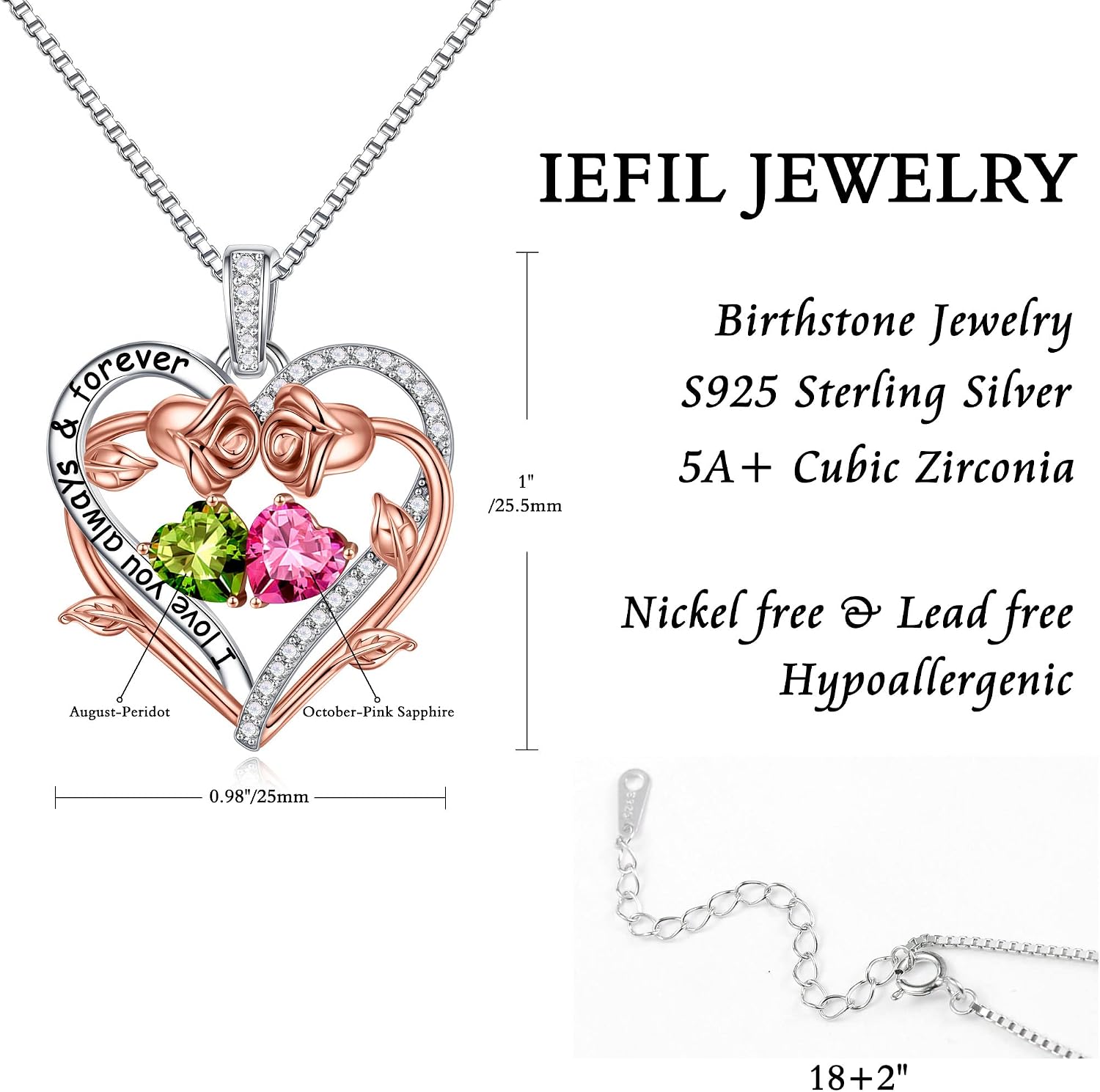 Iefil Rose Heart Double Birthstone Necklace Gifts for Wife Girlfriend Her Women, Birthstone Jewelry Gemstone Birthday Gifts for Mom Grandma Her Wife Women