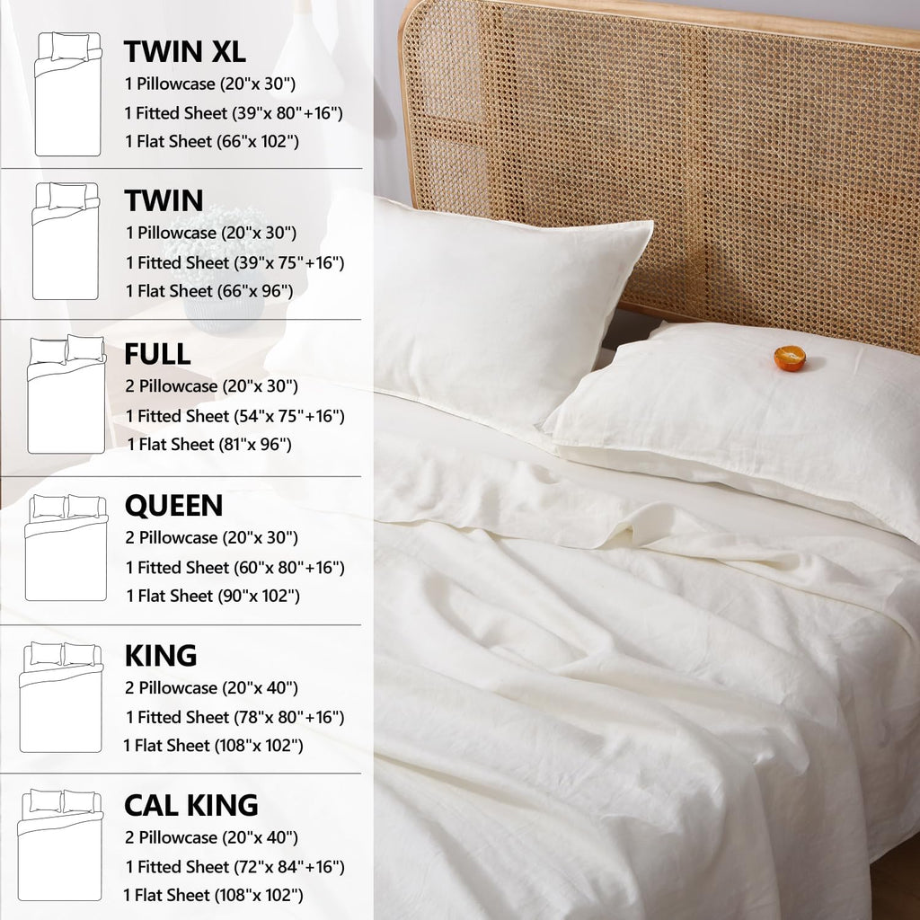 S VICTORY SYMBOL Pure Linen Sheets Set,100% Organic French Natural Flax Bedding with Stone Washed,King Size Bed Sheets 4pcs-1 Flat Sheet,1 Fitted Sheet,2 Pillow Cases(Creamy White)