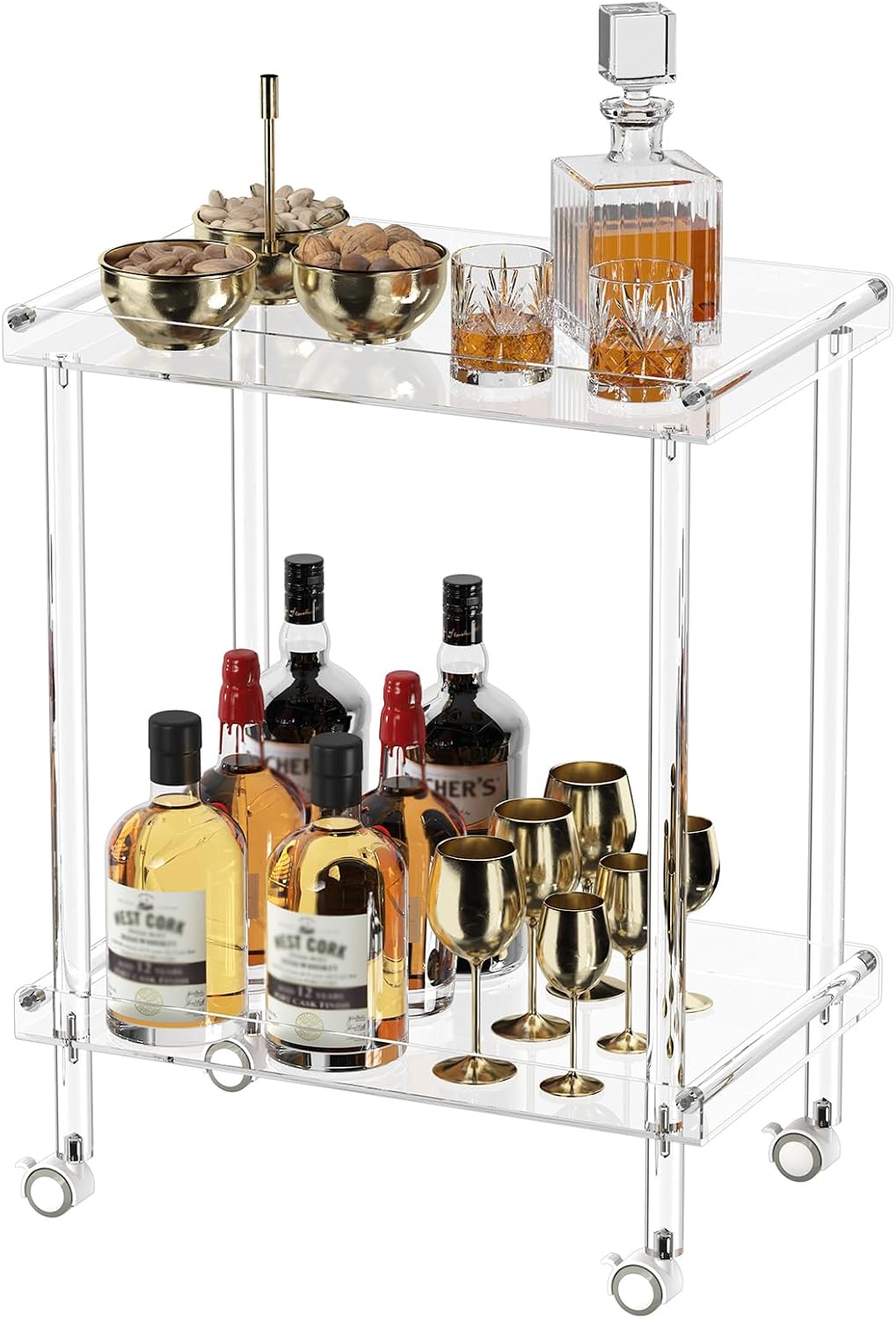 HMYHUM Acrylic Bar Cart, Rolling Serving Cart with 4 Lockable Wheels for the Home Bar, Kitchen, Living Room, Modern, 2-Tier, 23.6' L x 15' W x 30' H, Clear