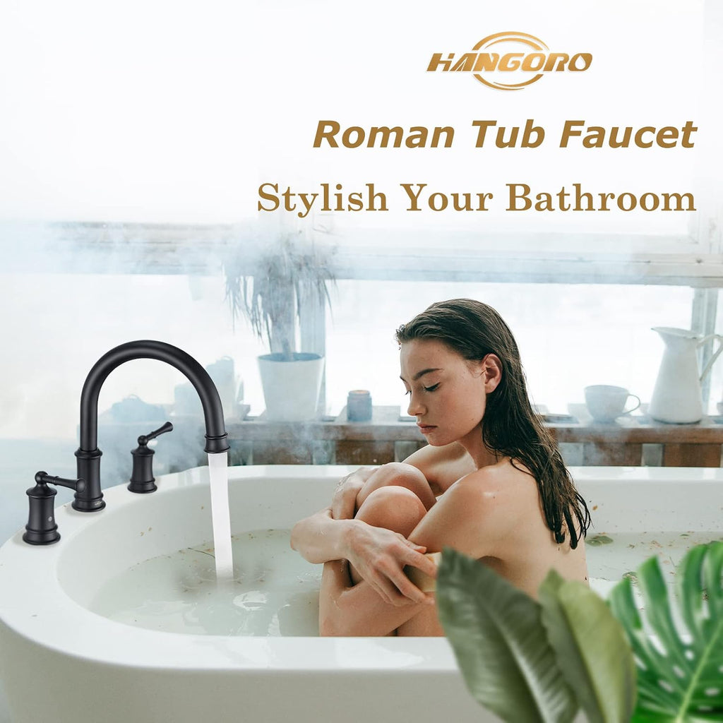 Matte Black Roman Tub Faucet, Antique Bathtub Faucet Set 3 Hole, High Flow Bath Tub Faucet 12-16 inch Widespread, Solid Brass Tub Filler 2 Handle 360° Swivel Spout Rough-in Valve(B2307-BK)