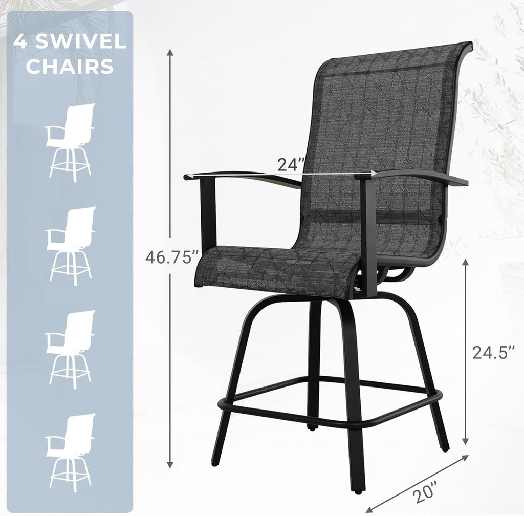 Grand patio 5-Piece Counter Height Patio Bar Set, Swivel Bar Stools and Faux Wood Grain Dining Table with Ice Bucket for Outdoor Kitchen Bistro Small Space Restaurant, Black&Grey Plaid