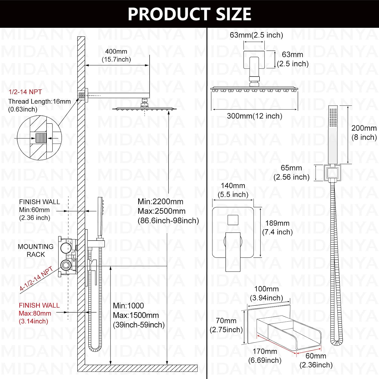 Midanya Rain Shower System Tub Shower Faucet Set Square Rainfall Waterfall Shower Head with Handheld Sprayer Tub Spout Combo Wall Mounted bathtub faucet set Rough-in Valve, 12 Inch Matte Black