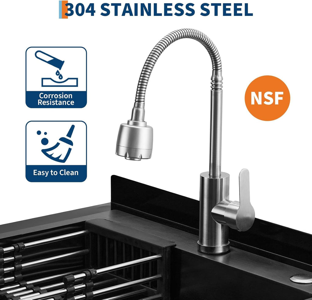 Garvee Stainless Steel Utility Sink with Faucet & Storage Shelf, 304 Single Bowl Freestanding Sink with Adjustable Legs, S-Hooks, Hot & Cold Water Pipes for Kitchen, Laundry, Garage, Farm, Outdoor Use