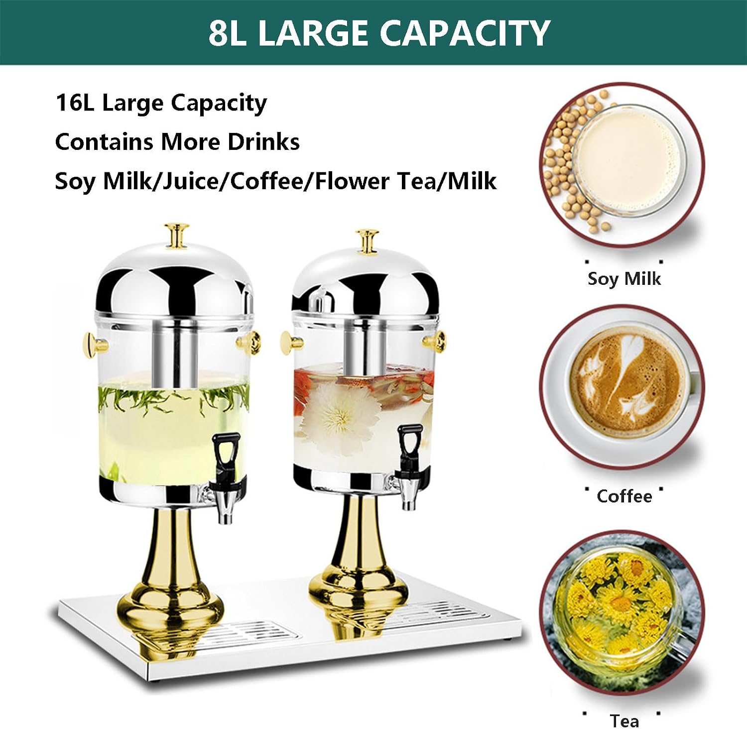 Commercial Juice Dispensers with Tap - Self-Service Beverage Dispenser Double Cold Drink Dispenser with Ice Container - Hot and Cold Dual-Purpose - 2 Bucket,go，Gold