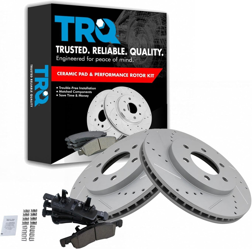 TRQ Performance Front Brake Pad and Rotor Set Ceramic G Coated Drilled Slotted Vented Rotors Compatible with 2003-2006 Ford Expedition Lincoln Navigator