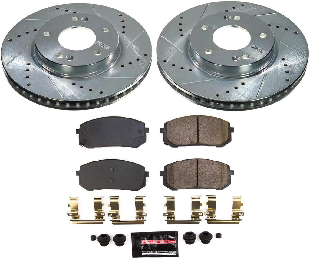 PowerStop Front Brake Kit for Hyundai Elantra 2021-23 - Drilled and Slotted Disc Rotors with Carbon-Fiber Ceramic Brake Pads Replacement, K8748