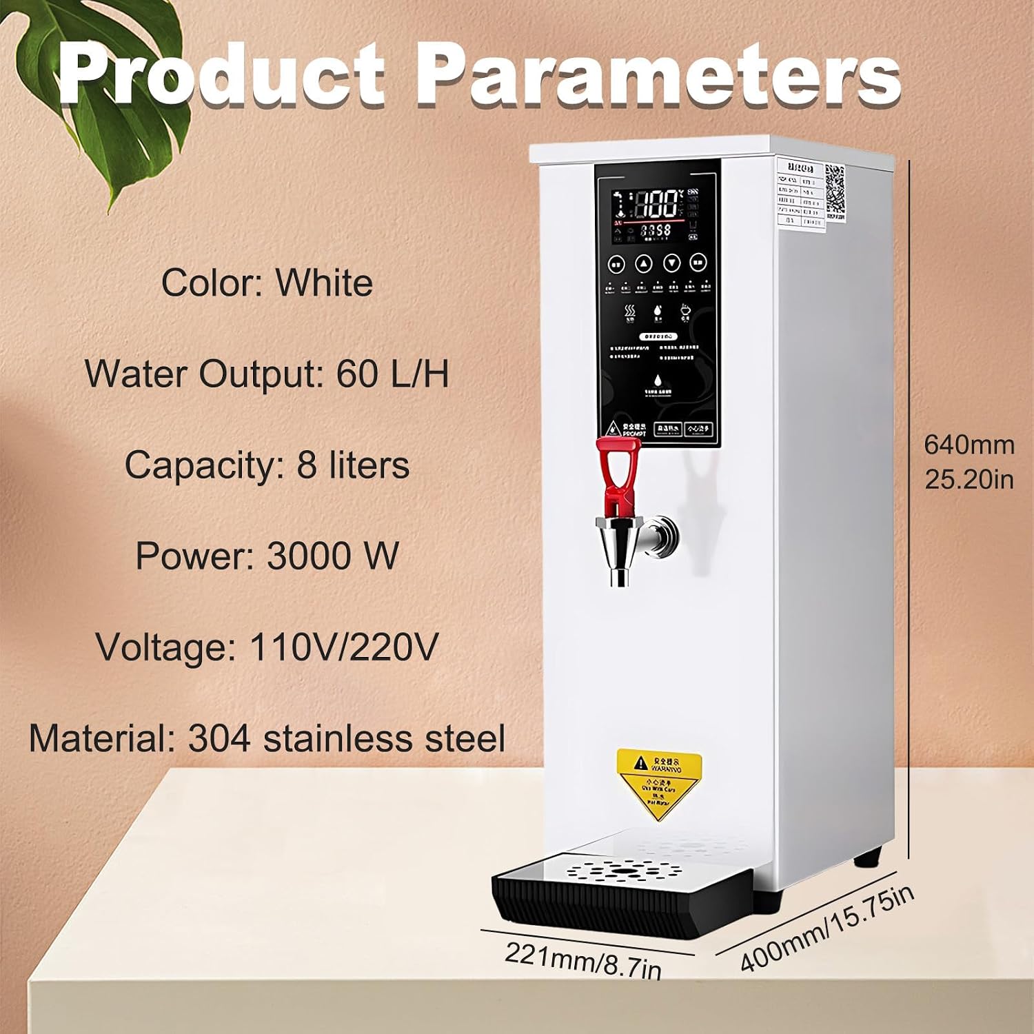 SHAHRYAR Professional Commercial Electric Hot Water Dispenser,3000w Instant Hot Water Dispenser,Water Output: 60l/H,30% Energy Saving,Stainless Steel Faucet,for Milk Tea Shops White