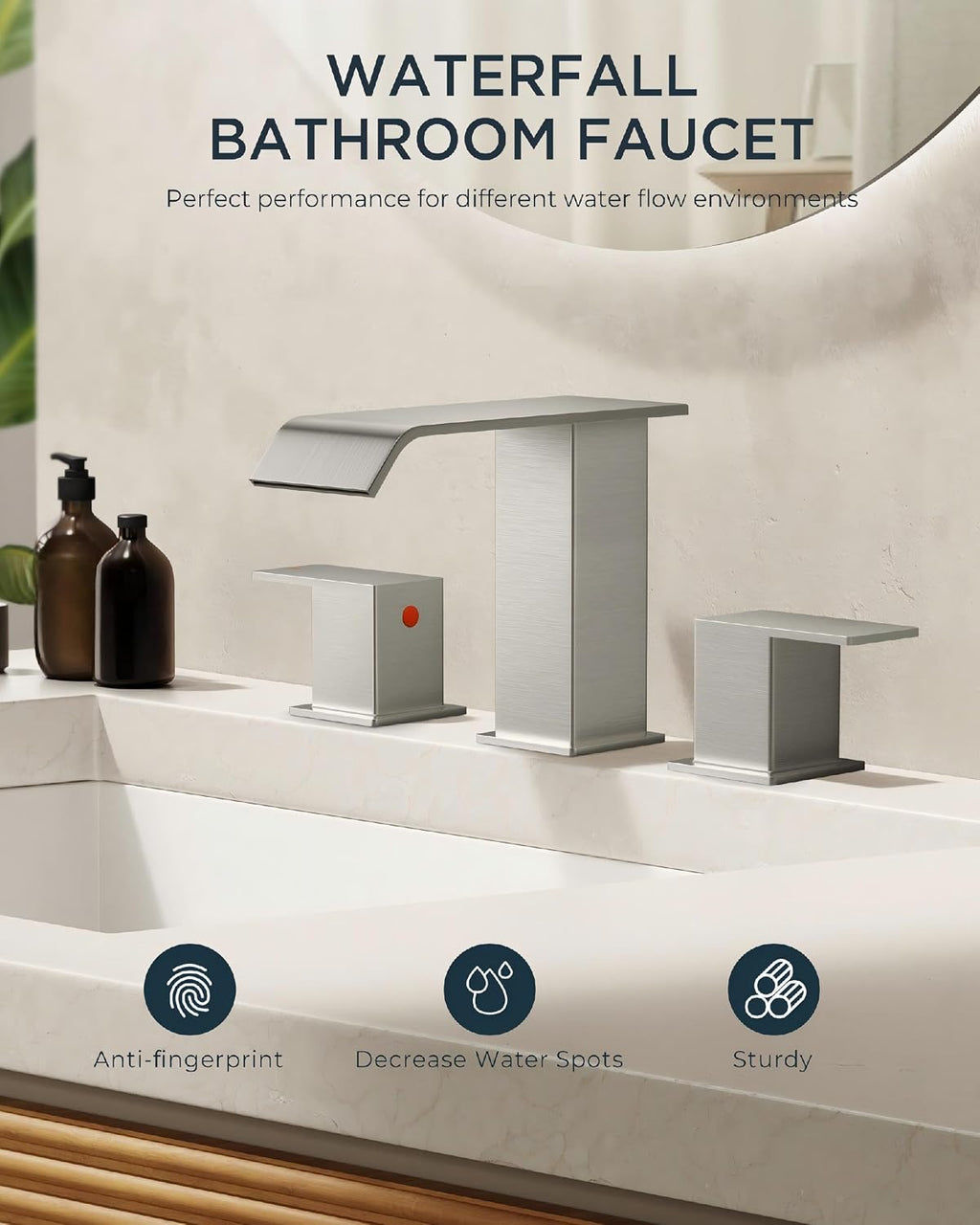 FORIOUS Widespread Bathroom Sink Faucet 3 Hole Brushed Nickel, 2 Handles Waterfall Bathroom Faucet with Metal Pop-up Drain and 24' Hot and Cold Water Hoses, Suitable for Vanity RV Restroom, 2 Pack