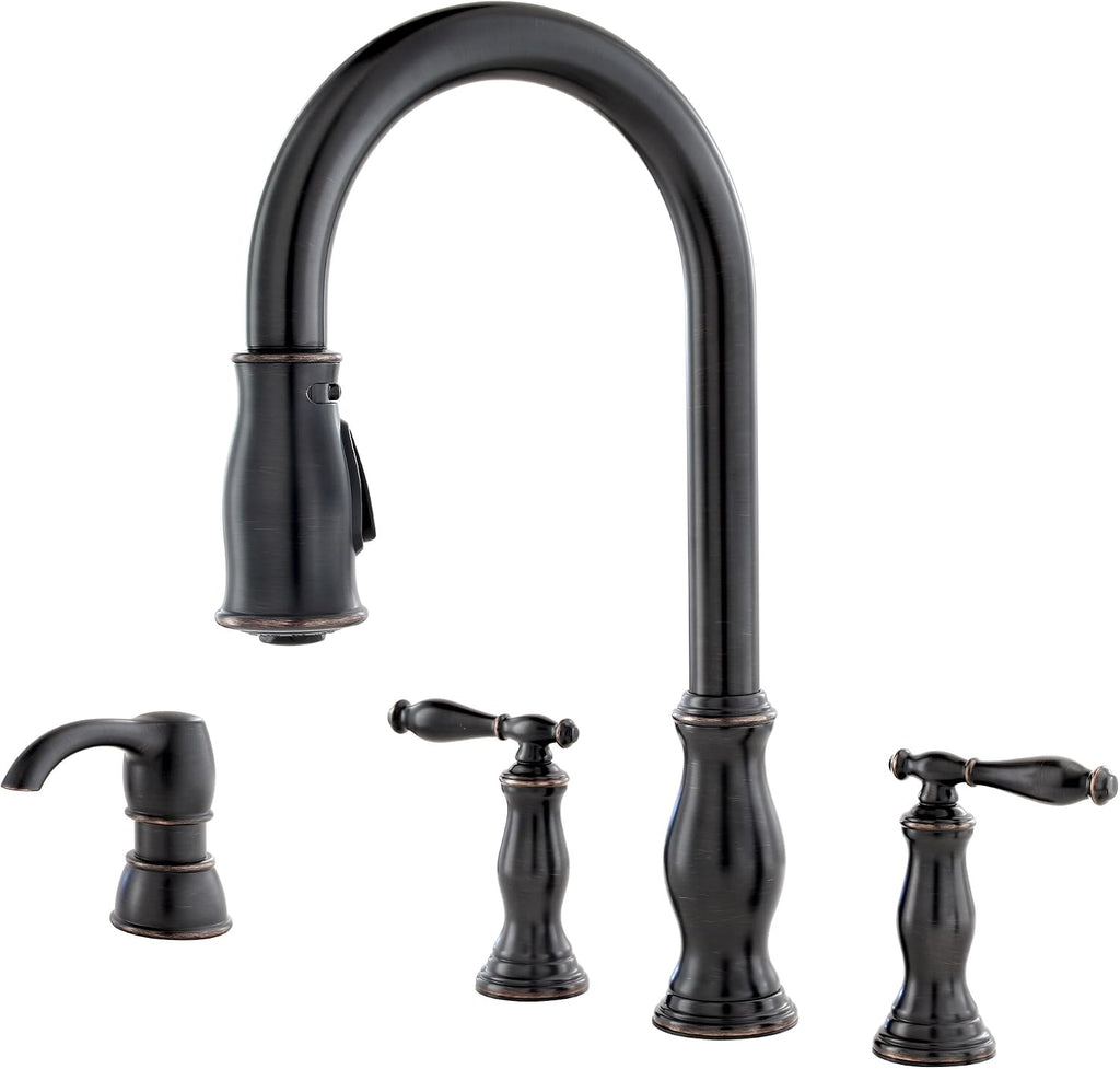Pfister Hanover Kitchen Sink Faucet with Pull Down Sprayer and Soap Dispenser, 2-Handle High Arc Design, 4-Hole Installation, Tuscan Bronze Finish for Kitchen Sink F5314HNY