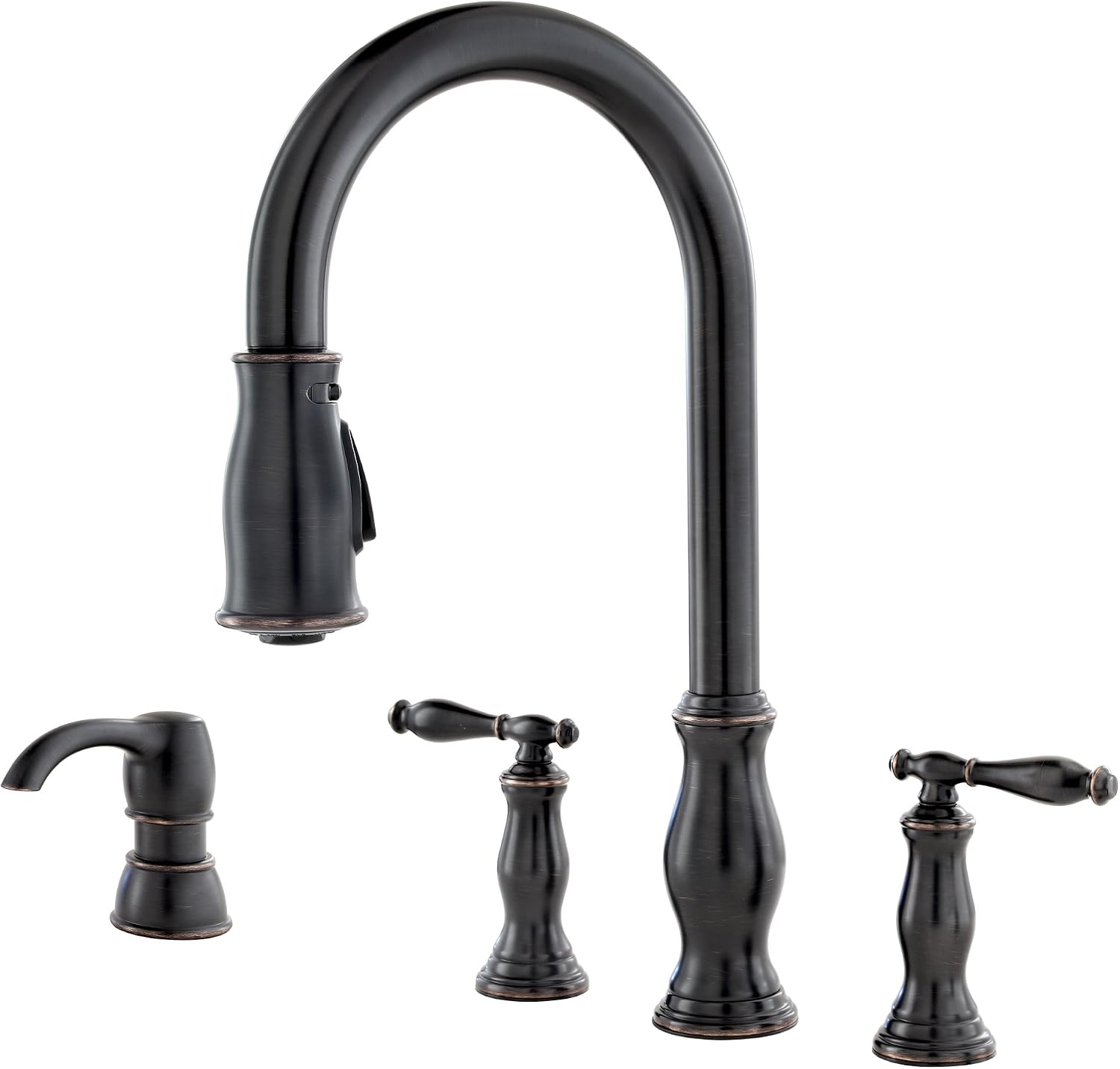 Pfister Hanover Kitchen Sink Faucet with Pull Down Sprayer and Soap Dispenser, 2-Handle High Arc Design, 4-Hole Installation, Tuscan Bronze Finish for Kitchen Sink F5314HNY