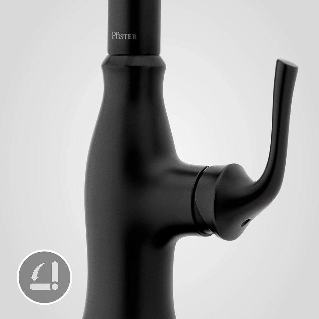 Pfister Rosslyn Kitchen Faucet with Pull Down Sprayer and Soap Dispenser, Single Handle, High Arc, NSF Certified, Matte Black Finish, F5297RSSRB