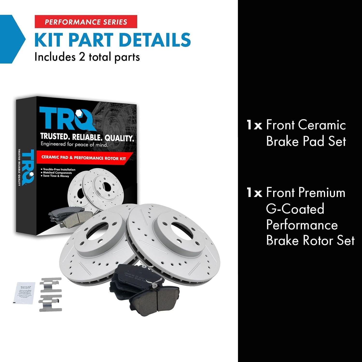 TRQ Performance Front Brake Pad & Rotor Kit G-Coated Slotted X Drilled Ceramic Compatible with 96-07 Ford Taurus 96-97 Thunderbird 95-02 Lincoln Continental 93-98 Mark VIII Mercury Cougar 01-05 Sable