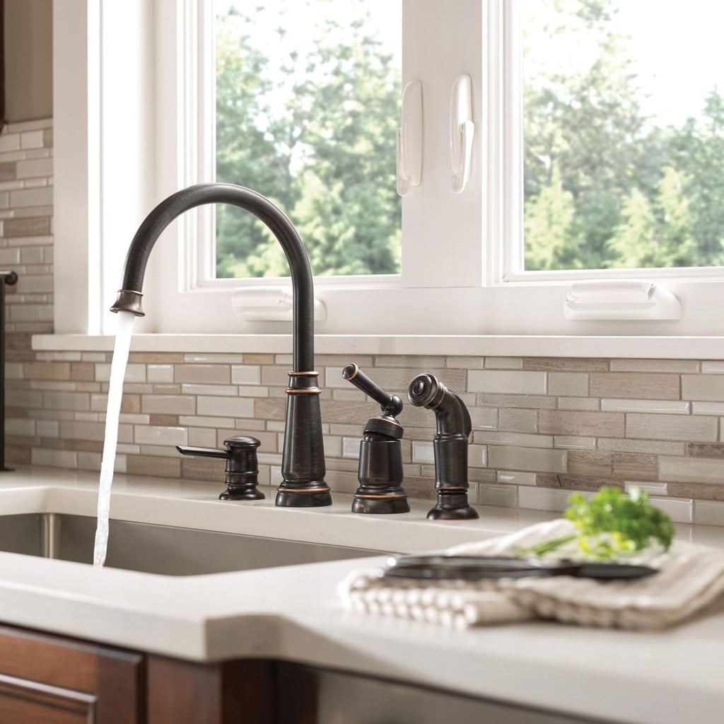 Moen Mediterranean Bronze One-Handle High Arc Widespread Kitchen Faucet, 4-Hole Setup with Soap Dispenser, 87042BRB