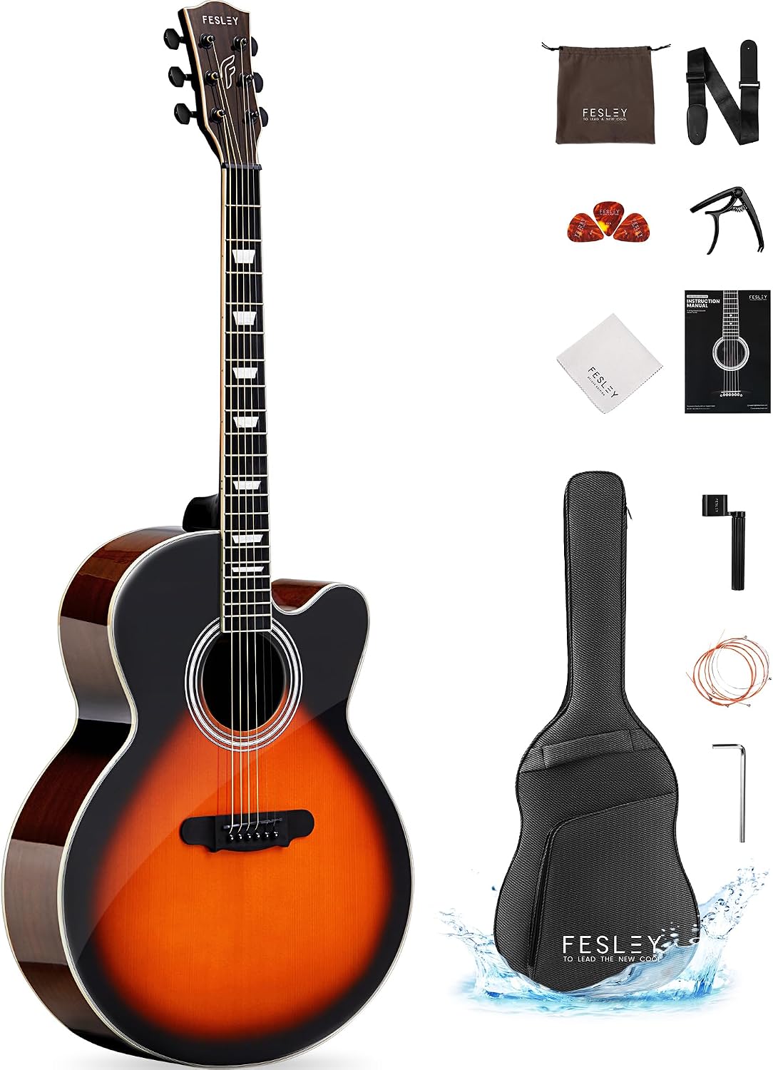 Fesley Jumbo Cutaway Acoustic Guitar: 42' Full Size Acoustic Guitar Kit, Mahogany Wood Guitar for Beginner Adult, Acustica Guitarra with Gig Bag, Picks, Strings, Capo, Strap, Pickguard, FJ90 Sunburst