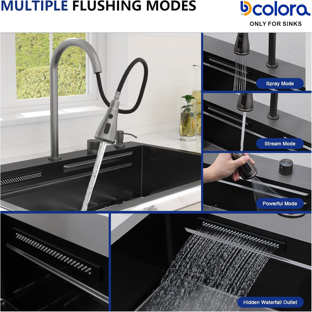 Dcolora 36 Inch Waterfall Kitchen Sink Black Drop In Smart Sink with Faucet Combo Multifuctional Topmount Large Workstation Stainless Steel, DC-SFDOE00023