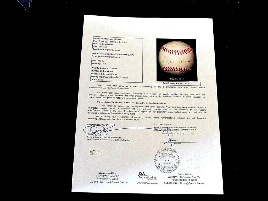 Stan Musial 3 X Mvp Wsc Hof Cardinals Signed Auto Vintage Giles Onl Baseball Jsa - MLB Game Used Baseballs