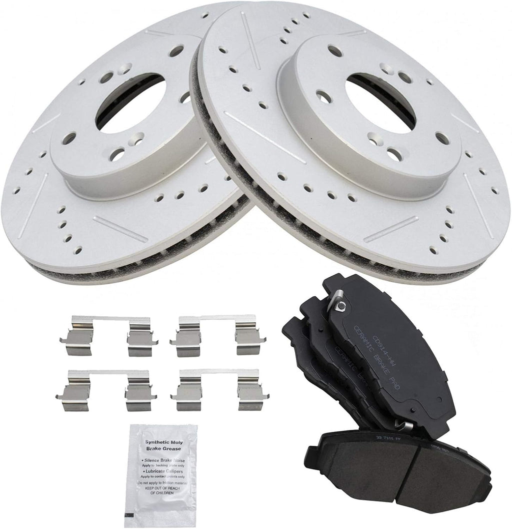 TRQ Performance Front Brake Pad and Rotor Set Ceramic Coated Drilled Slotted Vented Rotors Compatible with 03-17 Honda Accord 03-11 Element 13-15 Acura ILX 13-15 Civic 2014 Fit 2016 CR-Z