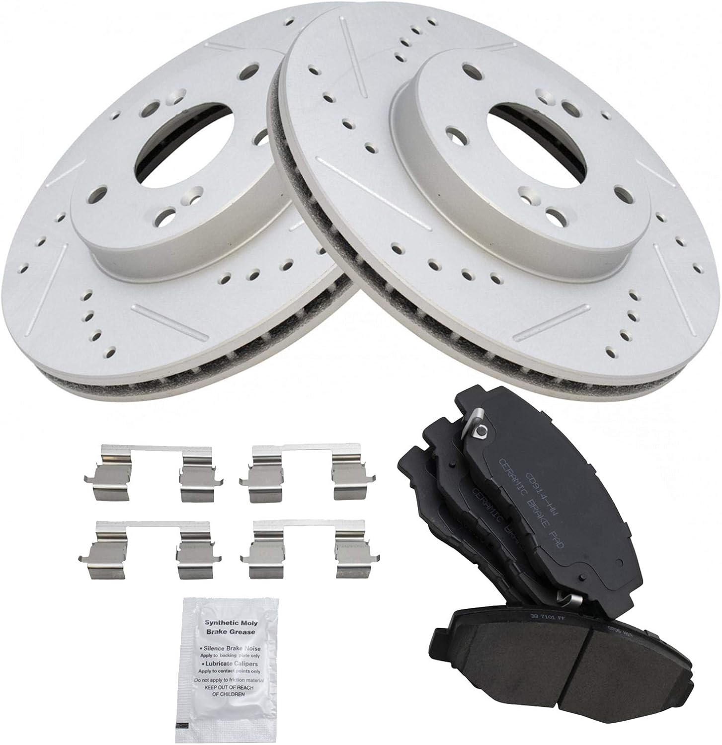 TRQ Performance Front Brake Pad and Rotor Set Ceramic Coated Drilled Slotted Vented Rotors Compatible with 03-17 Honda Accord 03-11 Element 13-15 Acura ILX 13-15 Civic 2014 Fit 2016 CR-Z