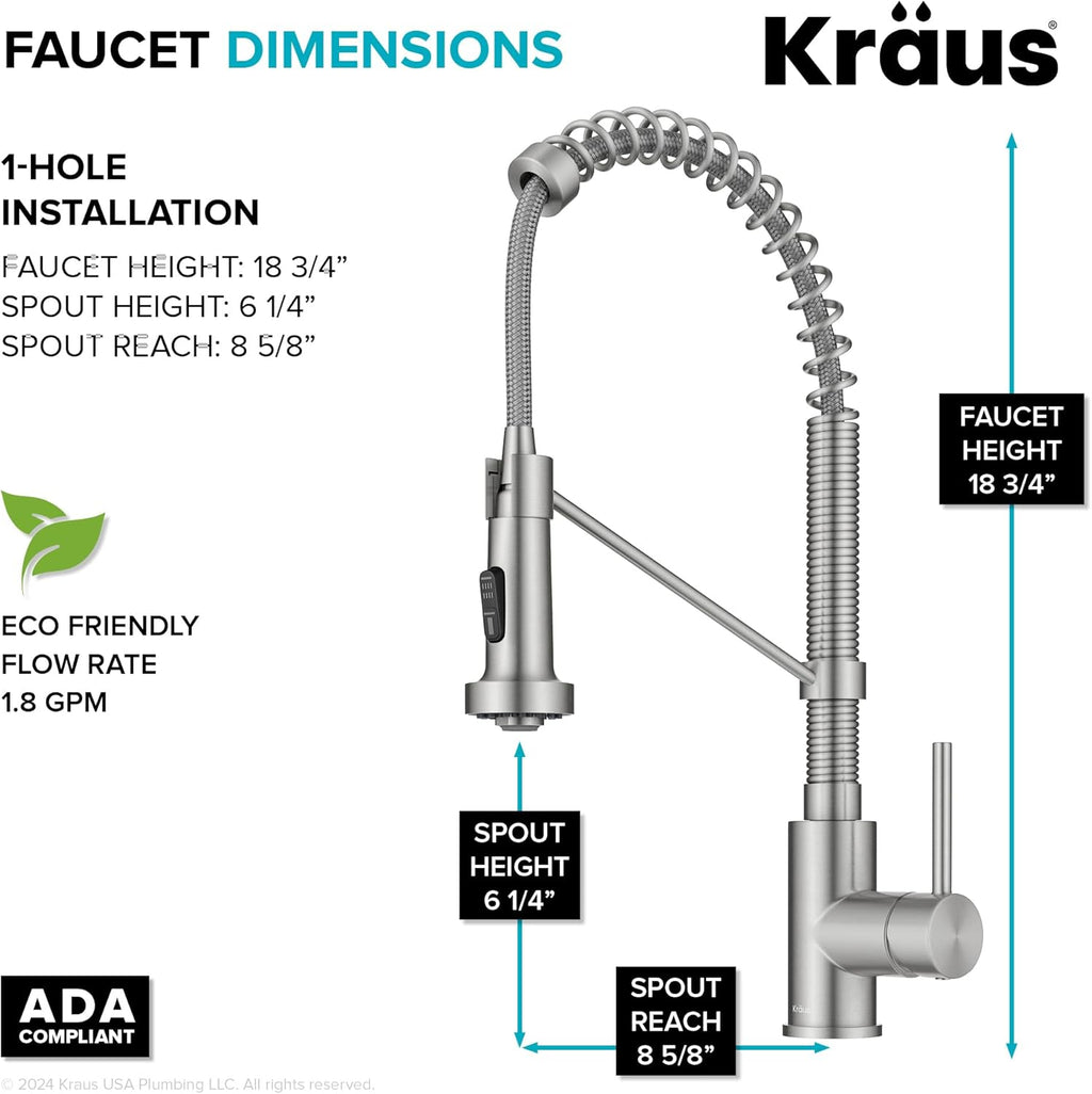KRAUS Bolden Commercial Style 2-Function Single Handle Pull Down Kitchen Faucet in Spot-Free Stainless Steel, KPF-1610SFS