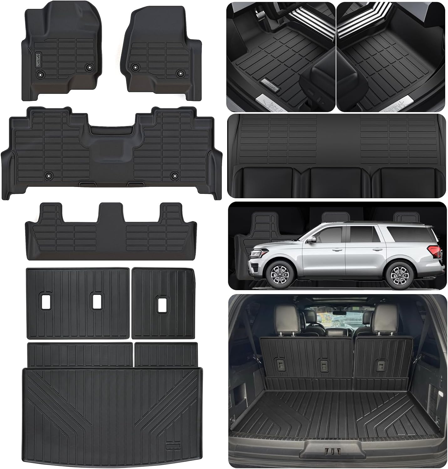 for 2018-2024 Ford Expedition MAX 8 Seats (2nd Row Bench Seat) Floor Mats with Cargo Liners & Backrest Mat,TPE All Weather Protection Full Set Automotive Accessories