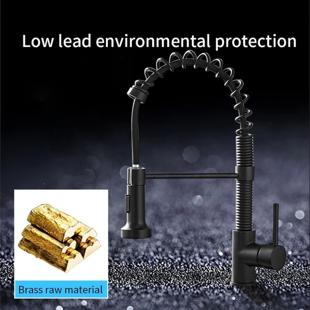 Brass Kitchen Faucet with Pull-Out Spring Spout-Single Lever Hot and Cold Water Mixer Tap(Black)