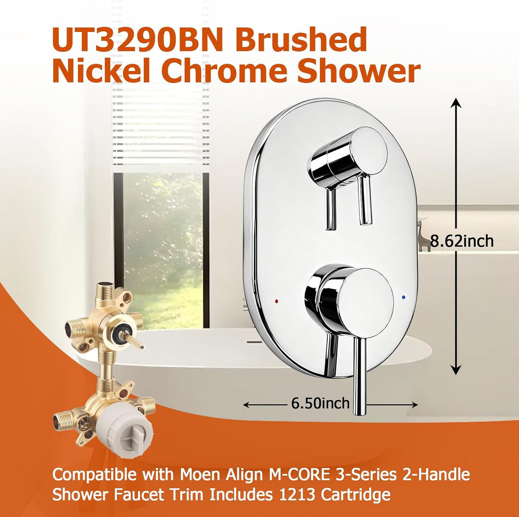 UT3290BN Brushed Nickel Shower Valve Trim Kit Compatible with Moen Align M-CORE 3-Series 2-Handle Shower Faucet Trim Includes 1213 Cartridge for Moen U232 U362 M-CORE Mixing Valve, Valve Require