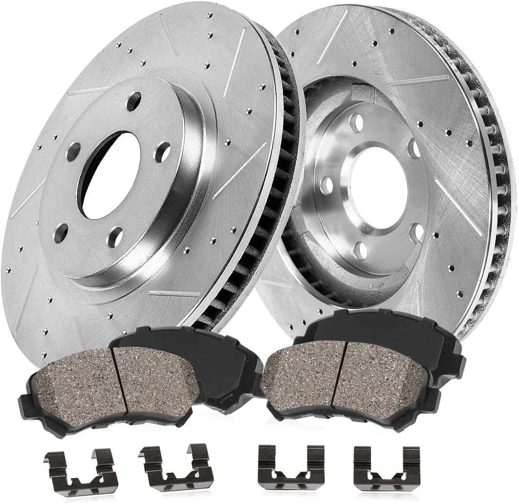 Callahan Brake Parts Front Brake Kit For Jeep Cherokee 2014-15 - Drilled & Slotted Disc Rotors with Ceramic Brake Pads, EBYK042859