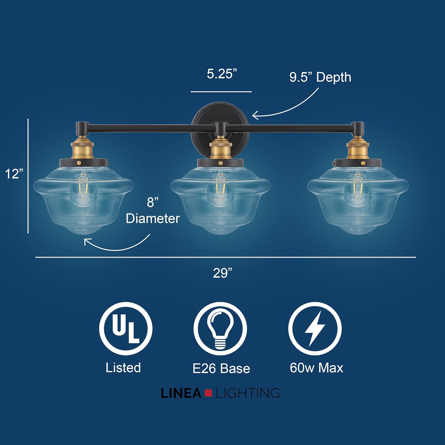 Linea di Liara Lavagna Farmhouse Matte Black Bathroom Light Fixtures Over Mirror Black and Gold 3-Light Bathroom Vanity Light Fixture Clear Glass Shades Modern Vanity Lights, Bulbs Included UL Listed