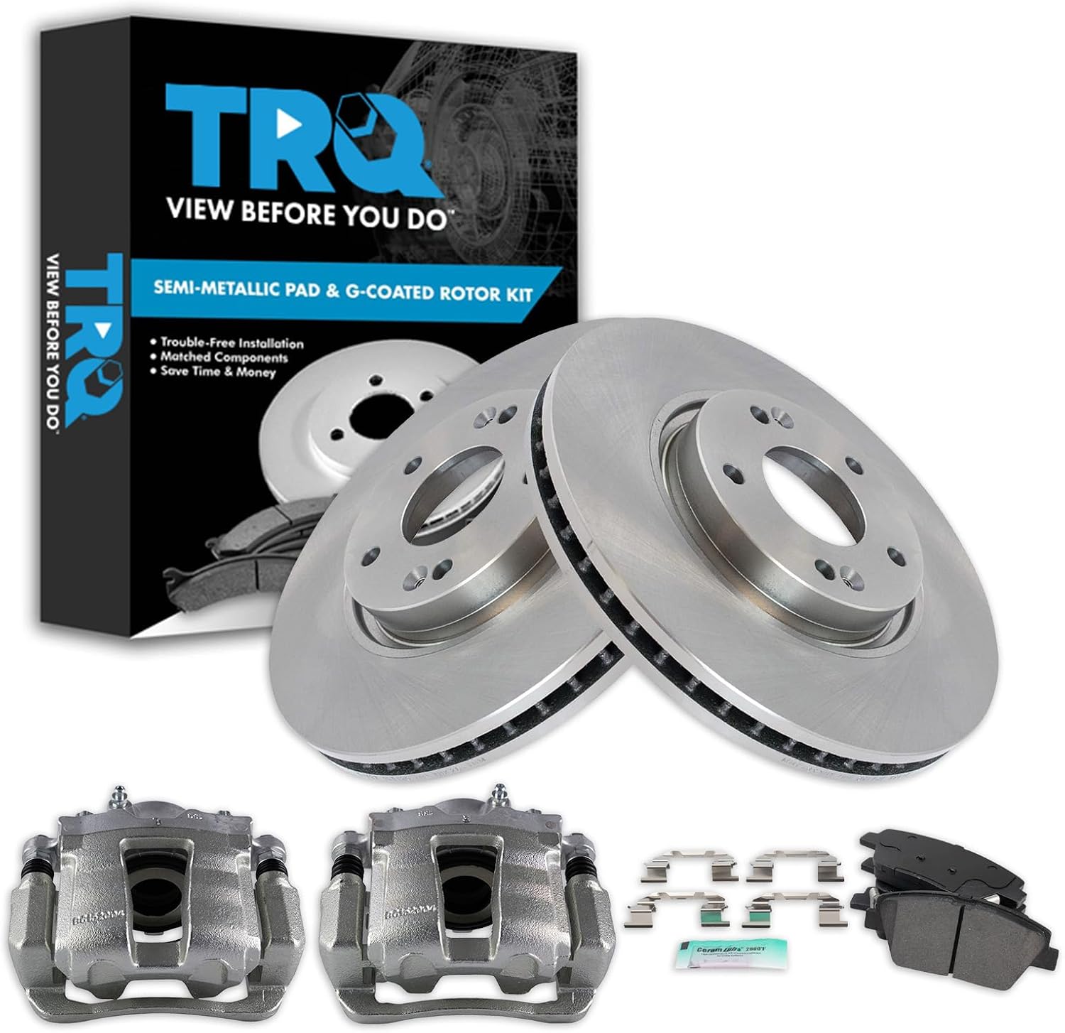 TRQ Front Brake Pad and Rotor Set Semi Metallic Vented Rotors Calipers Compatible with 2011-2014 Hyundai Sonata