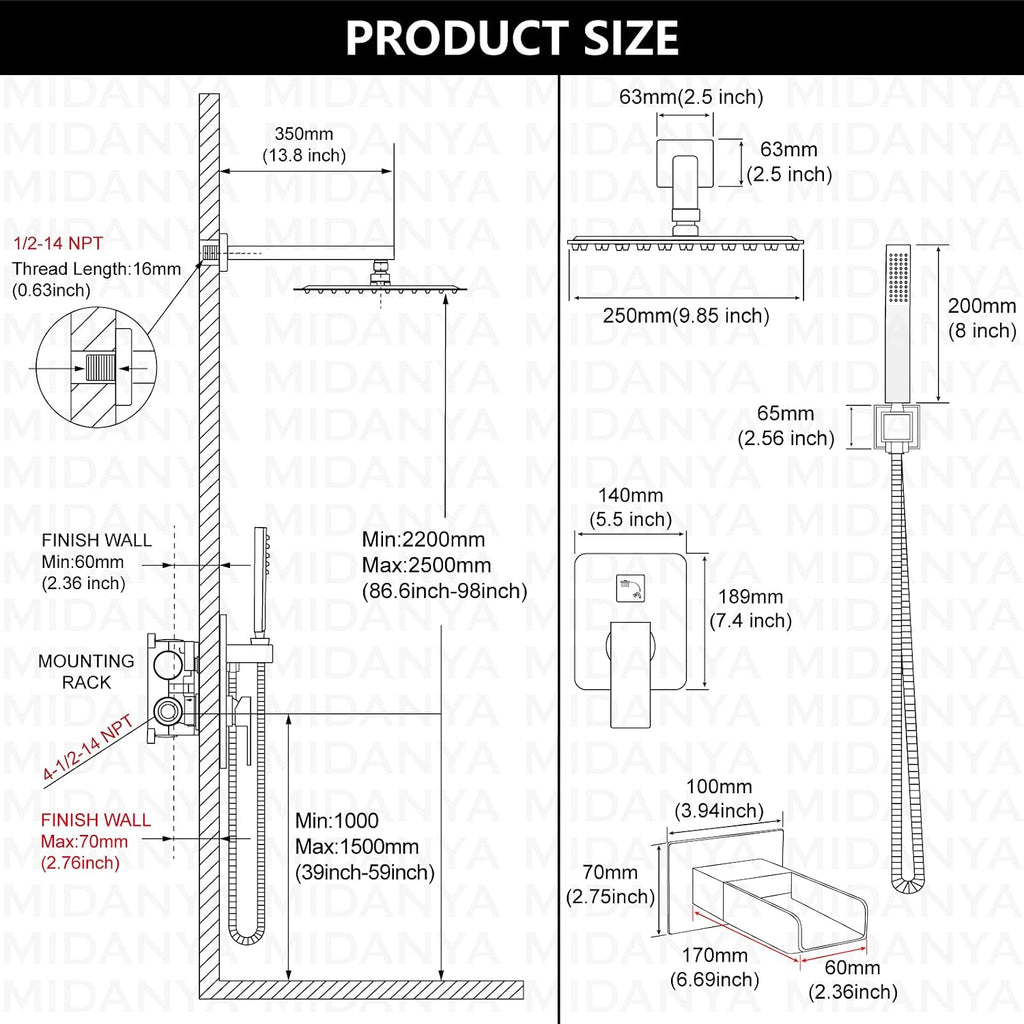 Midanya Rain Shower System Tub Shower Faucet Set Square Rainfall Waterfall Shower Head with Handheld Sprayer Tub Spout Combo Wall Mounted bathtub faucet set Rough-in Valve, 10 Inch Matte Black