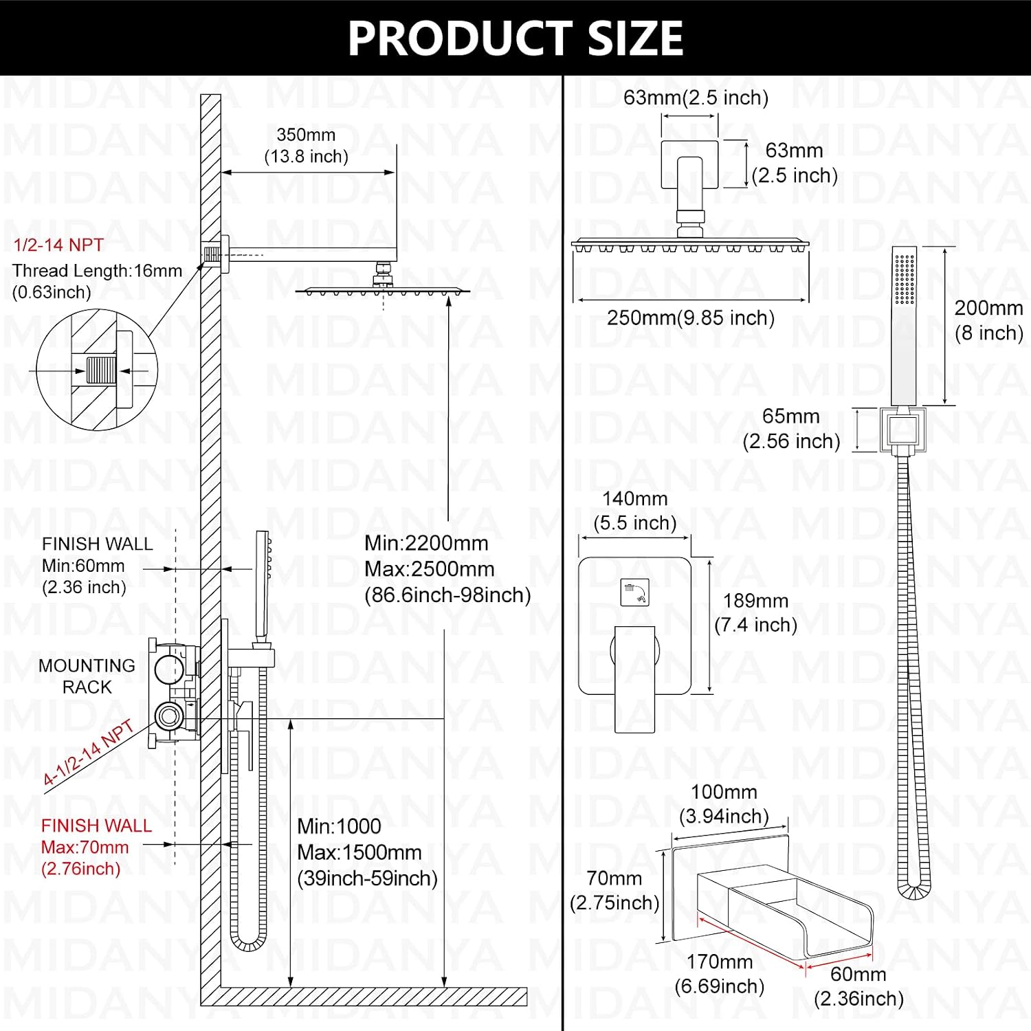 Midanya Rain Shower System Tub Shower Faucet Set Square Rainfall Waterfall Shower Head with Handheld Sprayer Tub Spout Combo Wall Mounted bathtub faucet set Rough-in Valve, 10 Inch Matte Black