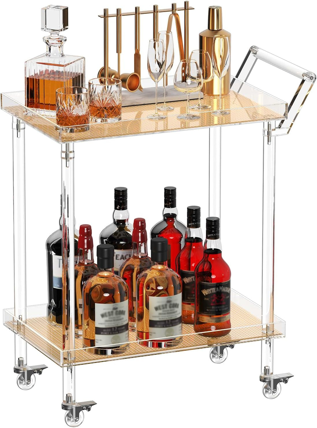 HMYHUM Acrylic Bar Cart, Rattan Home Bar Trolley with Wheels, 2-Tier Rolling Serving Cart for Kitchen, Dining Room, Outdoor, 23.6' L x 15' W x 32.5' H, Modern, Easy Assembly