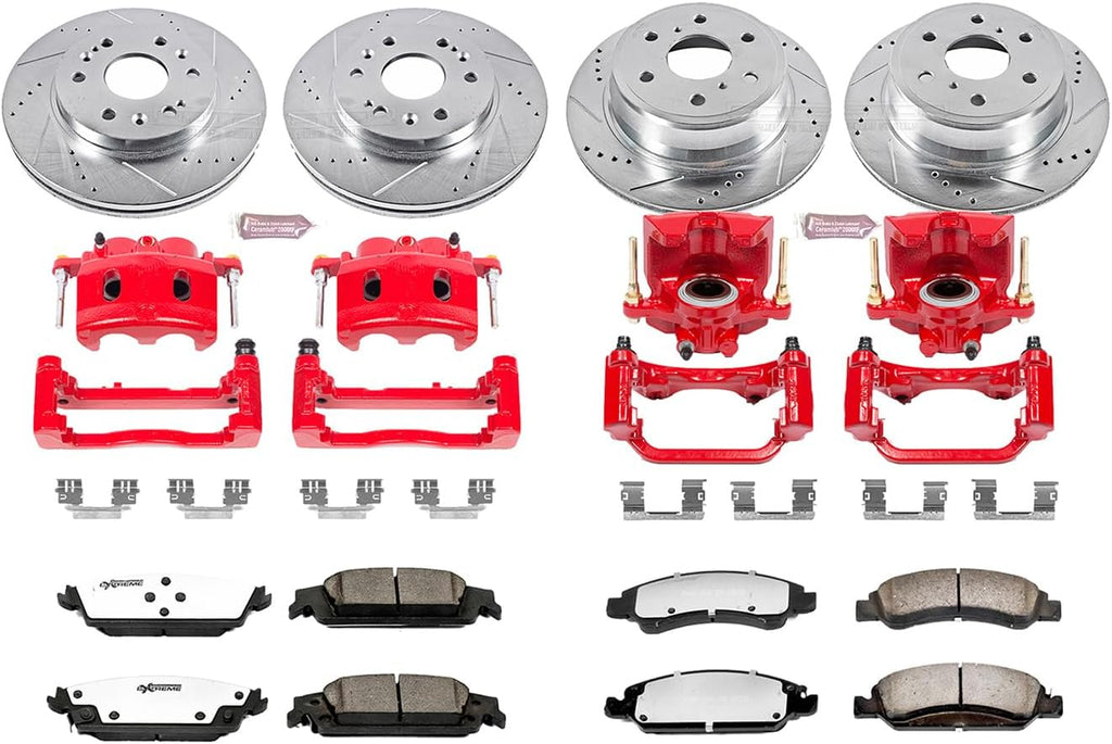 PowerStop Front and Rear Brake & Caliper Kit for Cadillac Escalade 2015-20 |Escalade ESV 2015-20 - Drilled & Slotted Disc Rotors + Z36 Brake Pads + Red-Powder Coated Calipers, KC6560-36