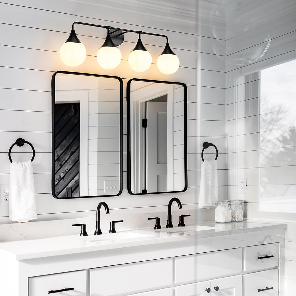 Bathroom Vanity Light Fixtures: 4-Light Mid Century Modern Bathroom Lighting Fixtures Over Mirrors - Matte Black Wall Sconce with Milky Glass Ball Shade for Bath Bedroom