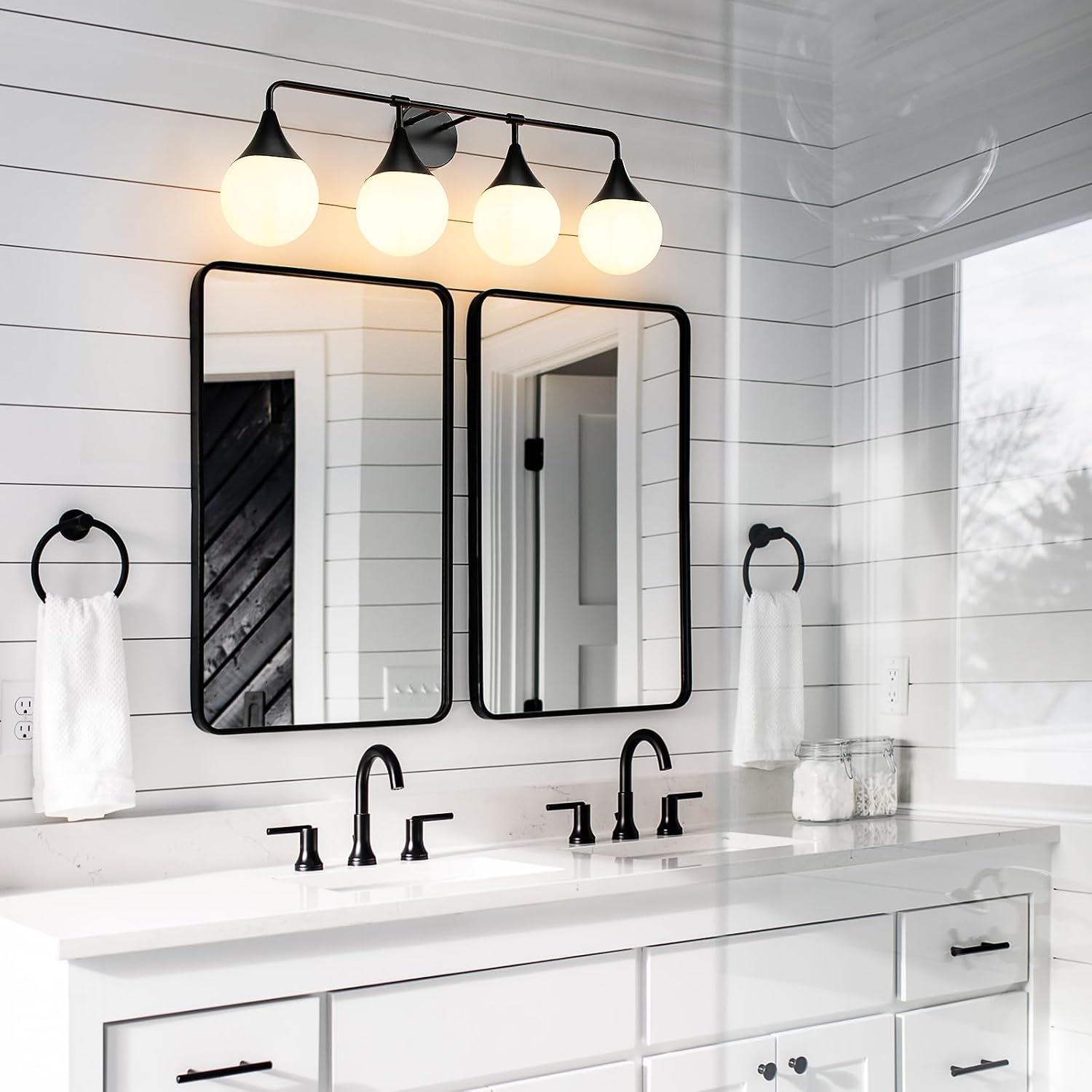 Bathroom Vanity Light Fixtures: 4-Light Mid Century Modern Bathroom Lighting Fixtures Over Mirrors - Matte Black Wall Sconce with Milky Glass Ball Shade for Bath Bedroom