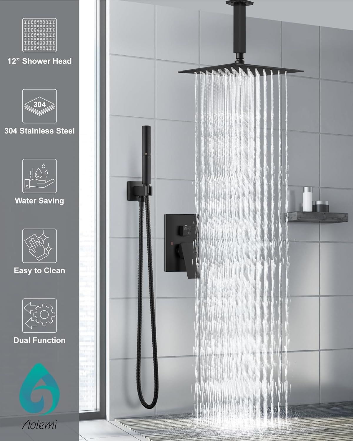 Aolemi Ceiling Mount Shower Faucet Set,Shower System Rain Showerhead and Handheld Spray Combo High-Pressure Showerheads Set with Valve and Trim Kit Rough-in Valve,12 Inch Matte Black
