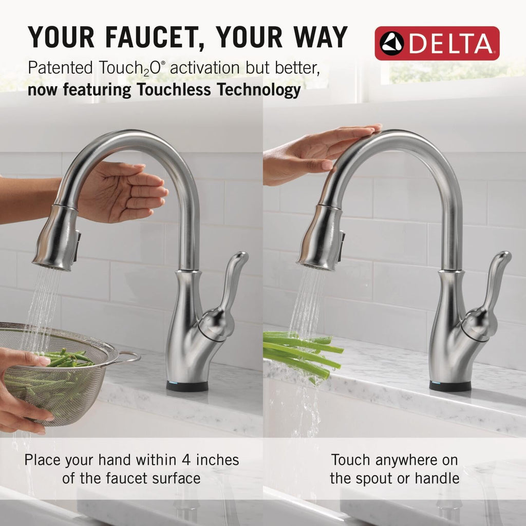 Delta Leland Touchless Kitchen Faucet with Touch Technology, Brushed Nickel Kitchen Sink Faucet with Pull Down Sprayer, Single Hole, Arctic Stainless 9178TL-AR-DST