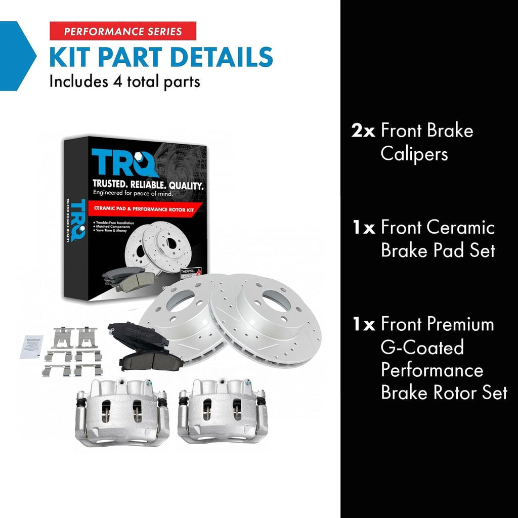 TRQ Performance Front Brake Pad and Rotor Set Ceramic Drilled Slotted Coated Vented Rotors Calipers Compatible with 95-01 Ford Explorer 98-02 Ranger 98-02 Mazda B4000 98-01 Mercury Mountaineer