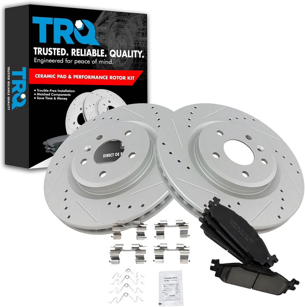 TRQ Performance Front Brake Pad and Rotor Set Ceramic Coated Drilled Slotted Vented Rotors 12.8 in 5-Lug for 2011-2019 Ford Explorer 2009-2019 Flex 2010-2019 Taurus 2009-2012 Lincoln MKS 2010-2019 MKT