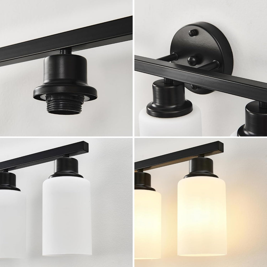 6-Light Matte Black Bathroom Vanity Light Modern Black Bathroom Light Fixtures Over Mirror Vintage Vanity Wall Sconce Light With White Glass Shade Wall Lamps For Living Room Bedroom Bulbs Not Included