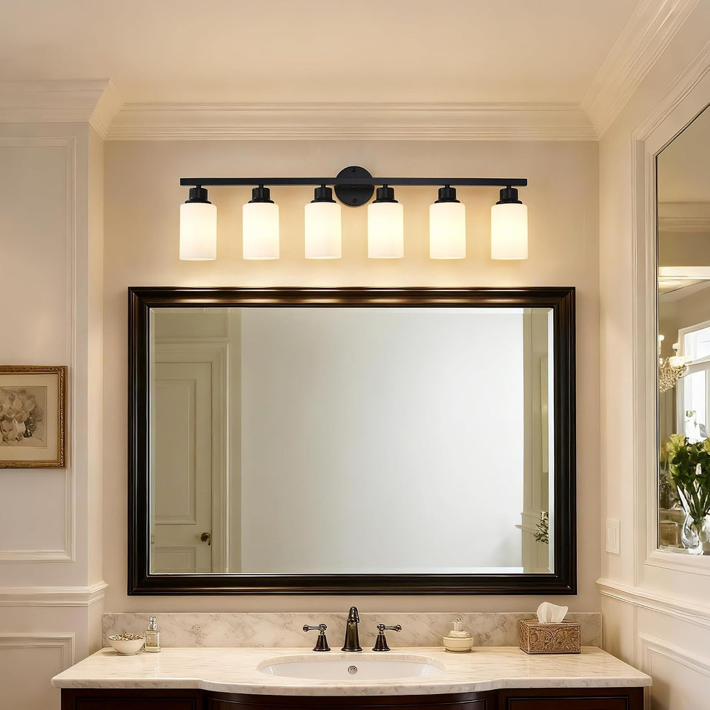 6-Light Matte Black Bathroom Vanity Light Modern Black Bathroom Light Fixtures Over Mirror Vintage Vanity Wall Sconce Light With White Glass Shade Wall Lamps For Living Room Bedroom Bulbs Not Included
