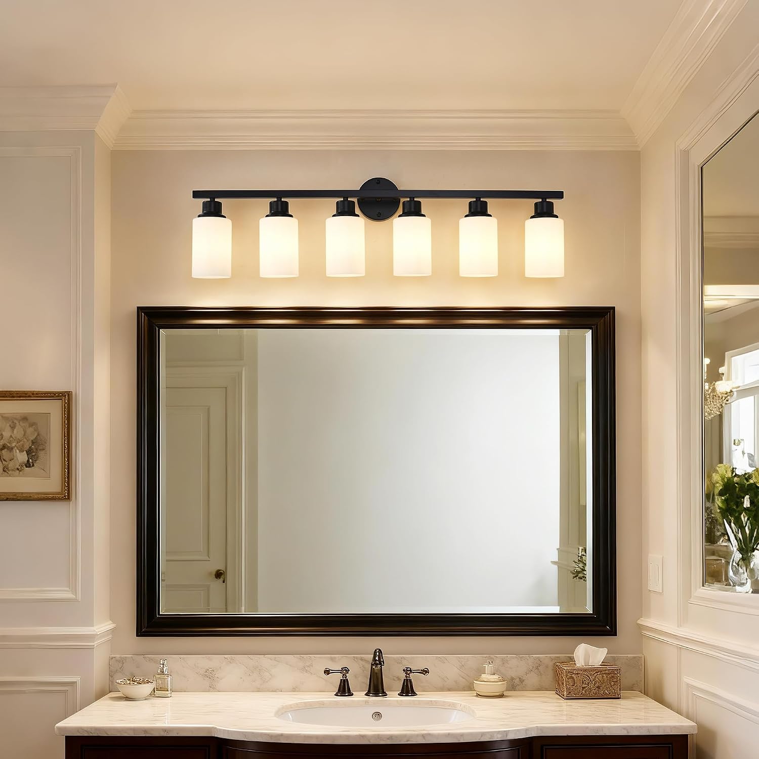 6-Light Matte Black Bathroom Vanity Light Modern Black Bathroom Light Fixtures Over Mirror Vintage Vanity Wall Sconce Light With White Glass Shade Wall Lamps For Living Room Bedroom Bulbs Not Included