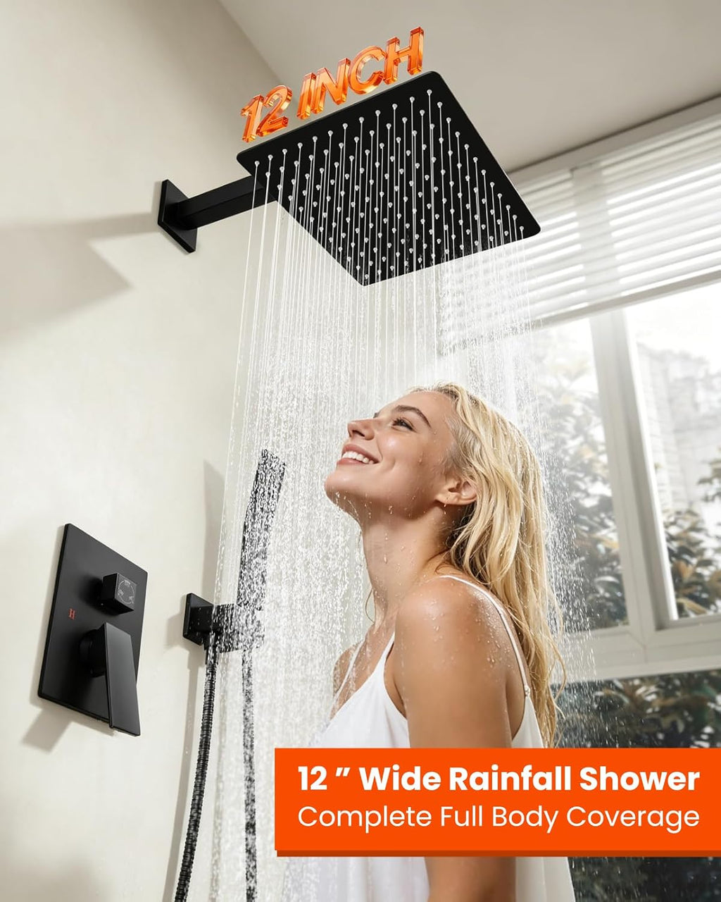 gotonovo Shower System with Tub Spout,Waterfall Tub Shower Faucet Set for Bathroom Head and Handle Set Wall Mounted 3 Function Rough-in Valve and Trim Included 12 inch Shower Head Matte Black