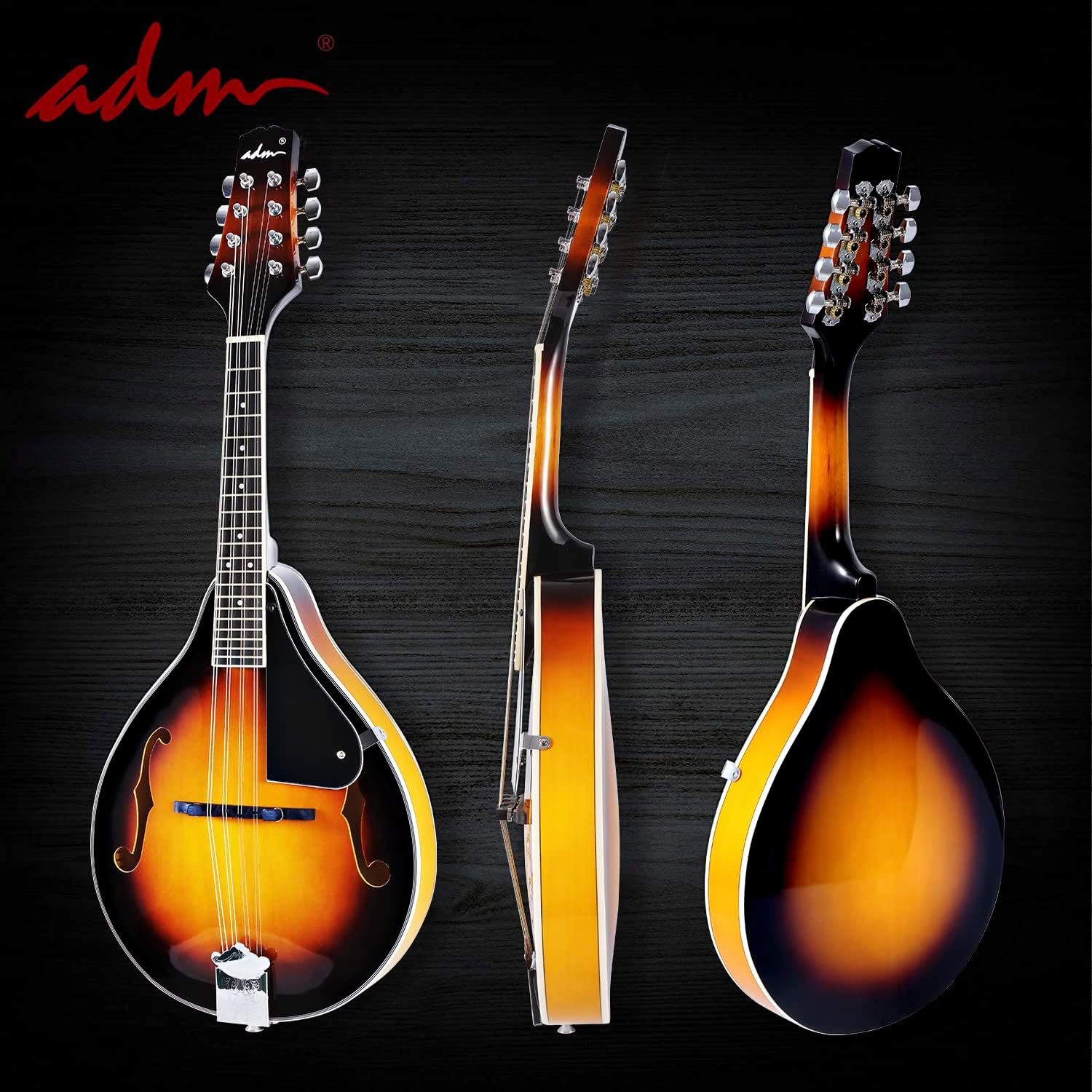 ADM Acoustic Mandolin Instrument Kit Music A Style for Kids Students Adults Wood Mandolins Beginner Set With Bag, Tuner, Pick-up, Strap, Strings, Picks and Hanger, Sunbrust